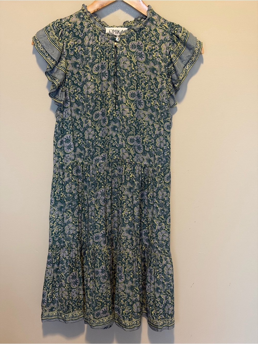 Omika Green Floral Tiered Mini Dress with Flutter Sleeves